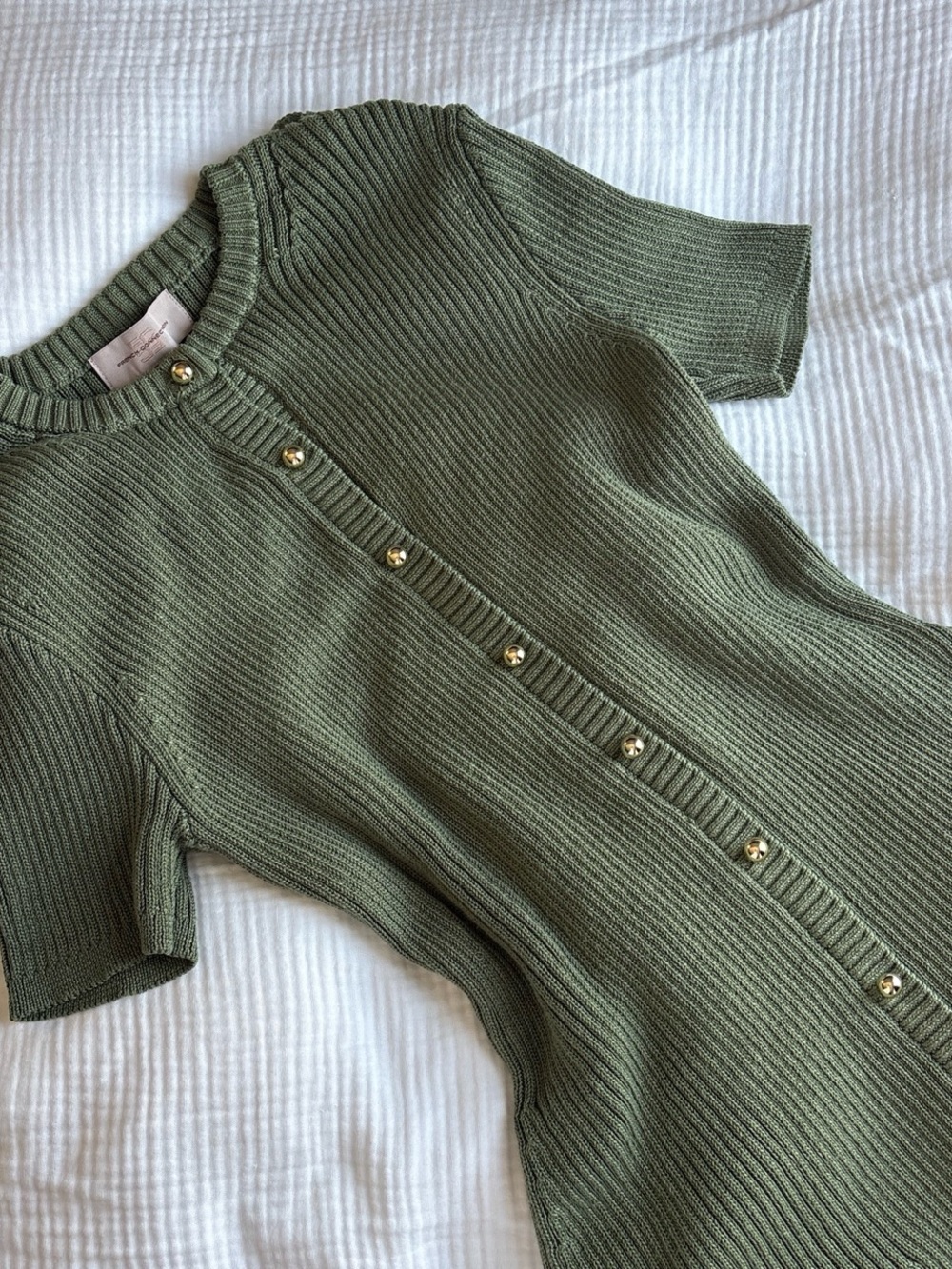 French Connection Olive Short-Sleeve Ribbed dress with Gold Buttons